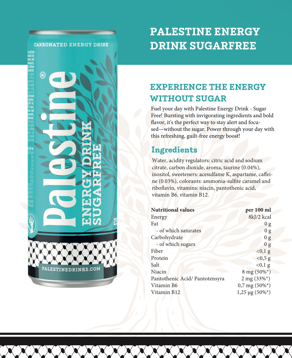 Palestine Energy Sugarfree i boks vist sammen med ingrediensliste og produktinformasjon, sukkerfri energidrikk med koffein