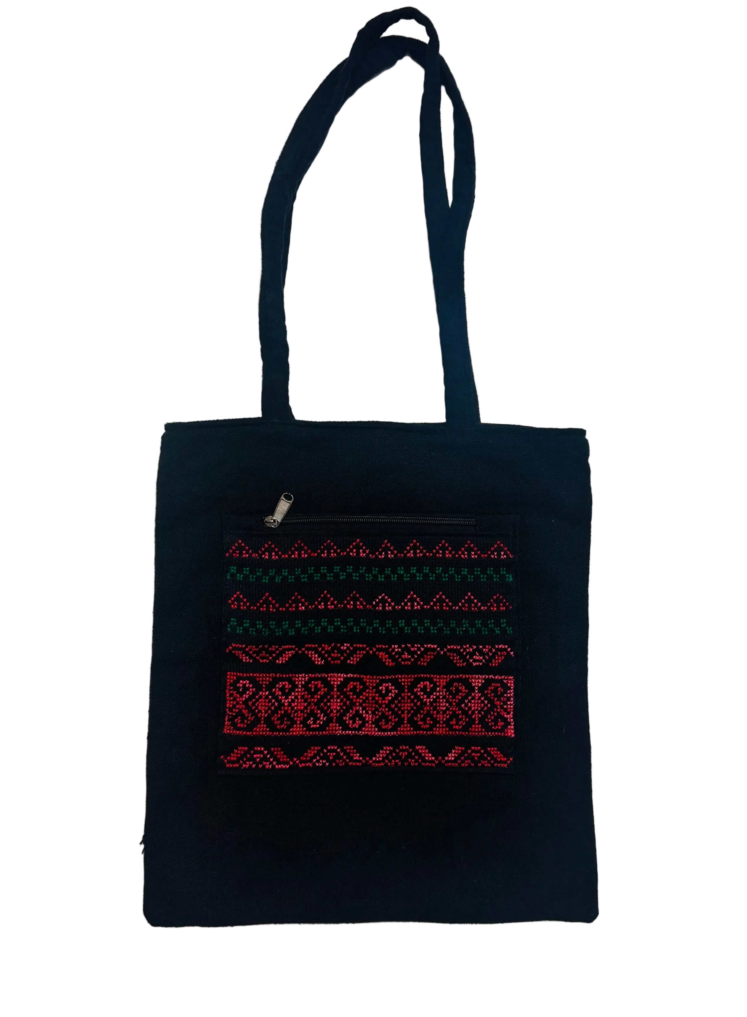 Palestinsk tatreez tote bag vist fra siden, med fokus på form, bærestropper og brodert design.