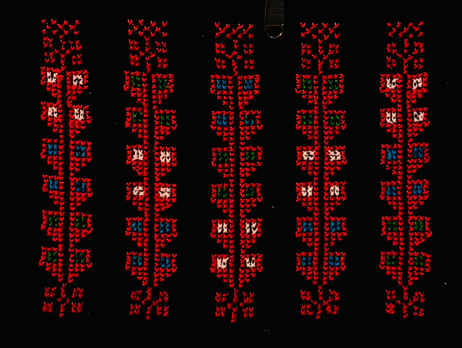 Nærbilde av tatreez-mønster brodert på en tote bag, med tydelige sting og tradisjonelle symboler sydd inn i stoffet.