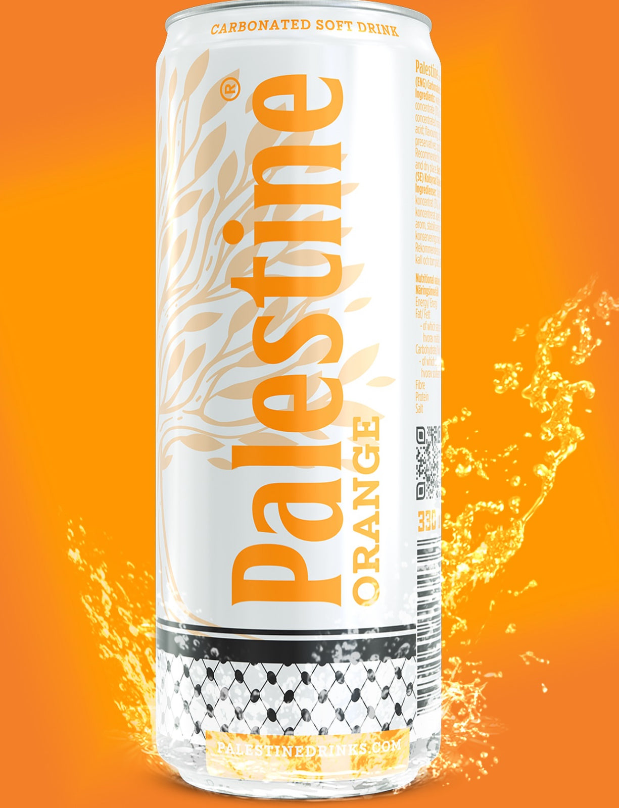 Palestine Orange brus i boks mot oransje bakgrunn med vannsprut som stiger fra bunnen, kullsyreholdig drikke med frisk appelsinsmak