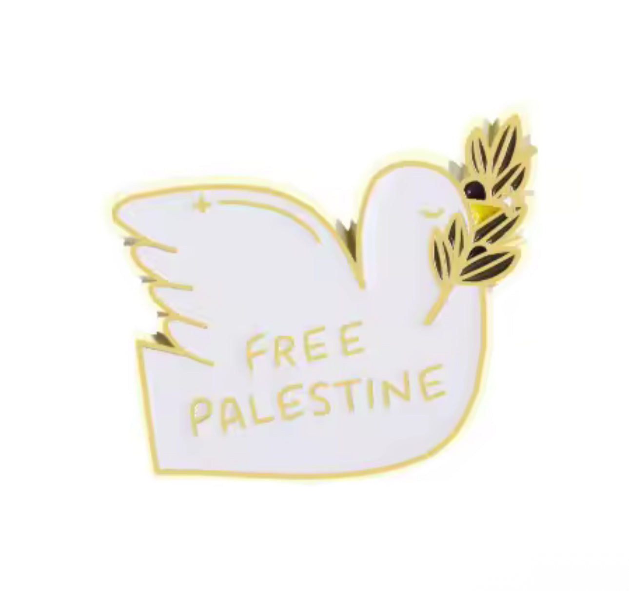 Pin med teksten «Free Palestine» og olivengren