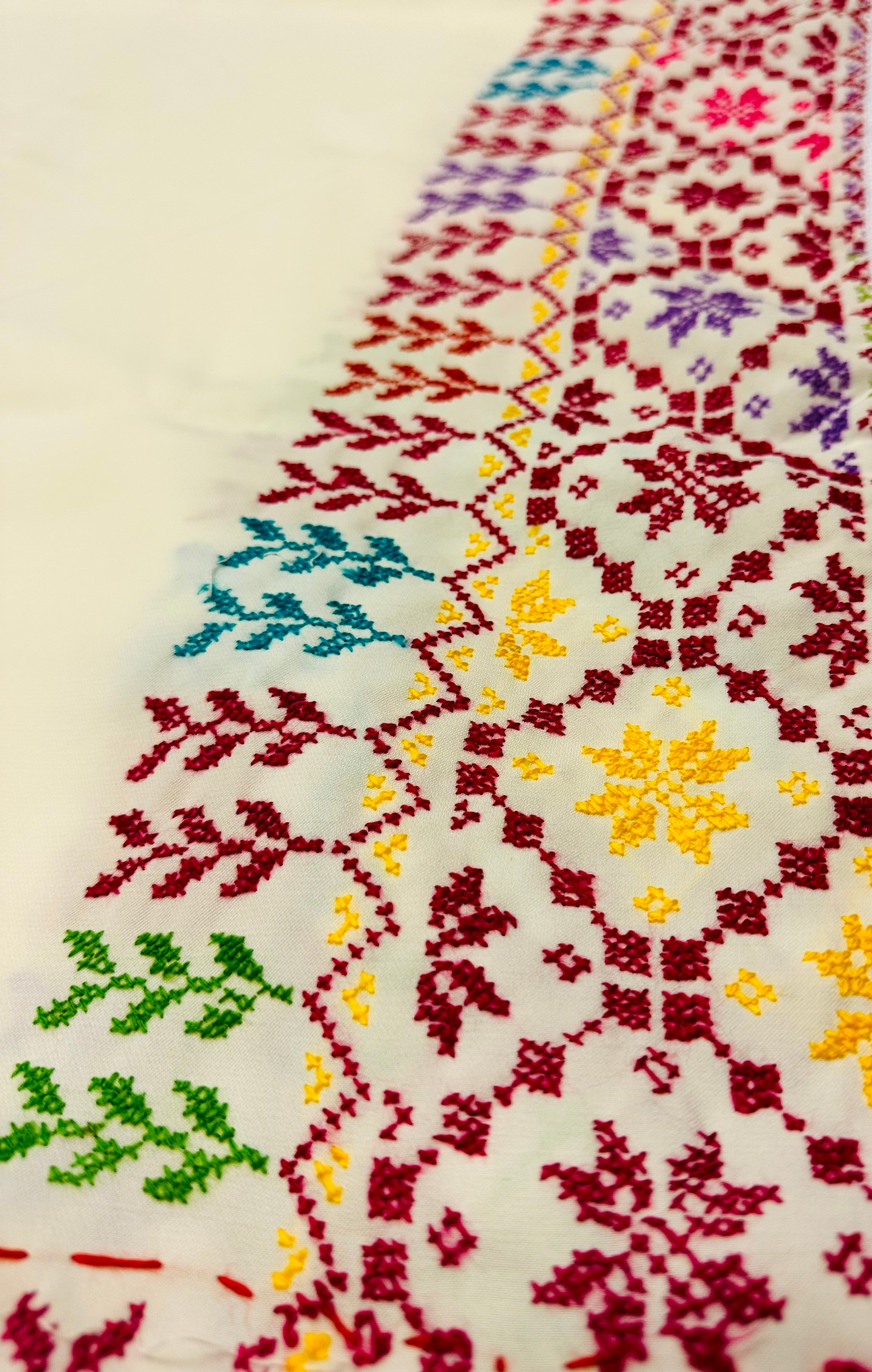 Vinkelbilde av palestinsk tatreez-broderi på hvitt sjal, detaljerte geometriske mønstre fremhevet i tradisjonelt håndverk