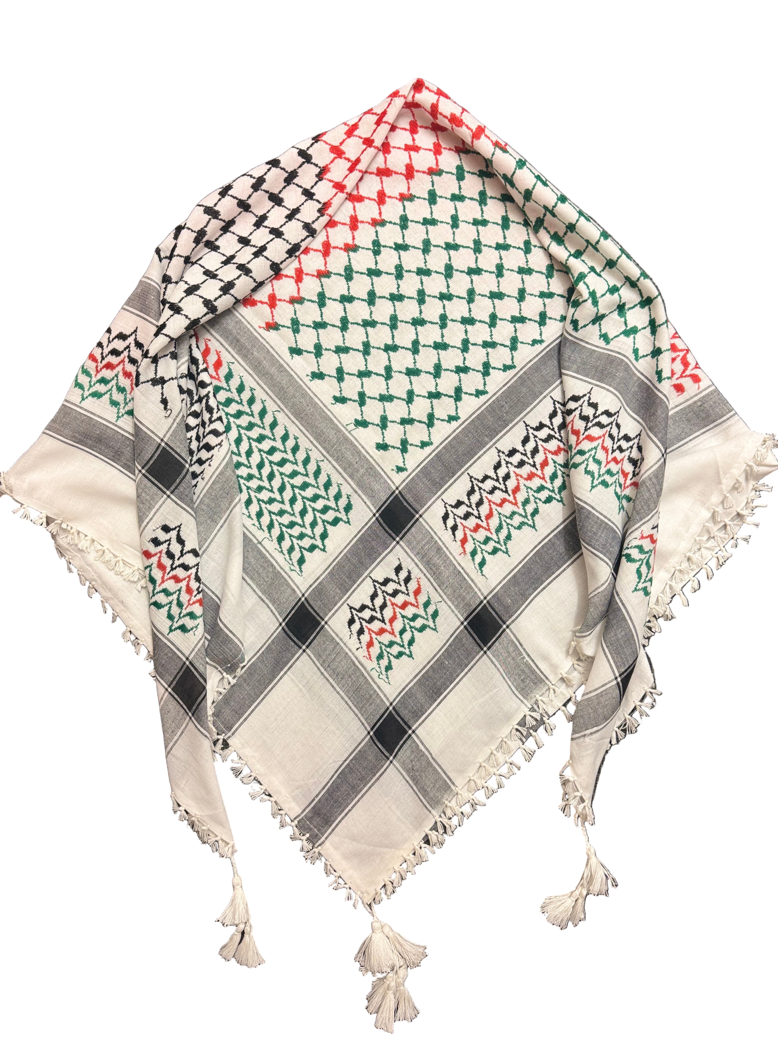 Palestinsk kufiyeh i palestinske flaggfarger sett fra toppen