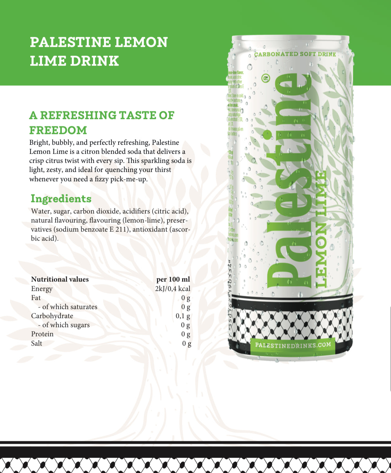 Palestine Lemon Lime brus i boks vist sammen med ingrediensliste og produktinformasjon, kullsyreholdig drikke med sitron- og limesmak