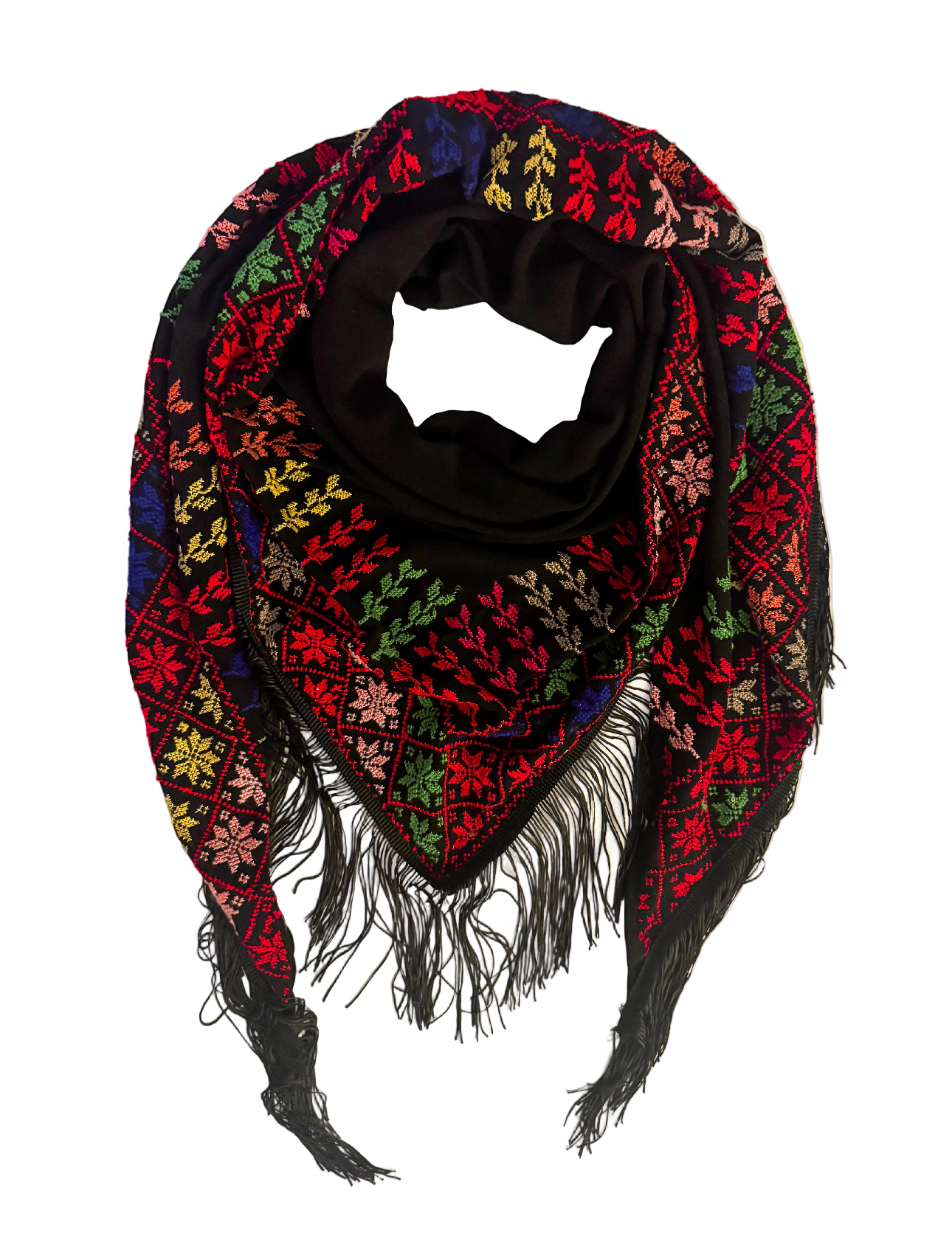 Tatreez-skjerf i sort stoff med flerfarget palestinsk broderimønster og lange frynser, dekorativt skjerf med tradisjonelle geometriske detaljer