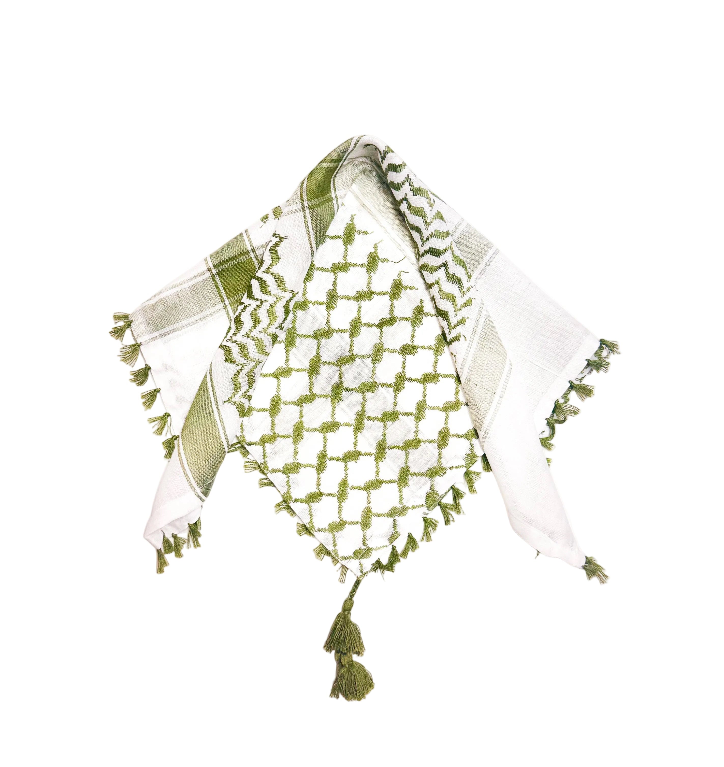 Hvit og grønn kufiyeh-bandana med tradisjonelt palestinsk mønster, dekorativt tilbehør inspirert av klassisk kufiyeh-design