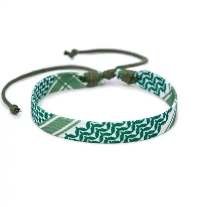 Grønt kufiyeh-mønstret armbånd, justerbart armbånd inspirert av tradisjonelt palestinsk design