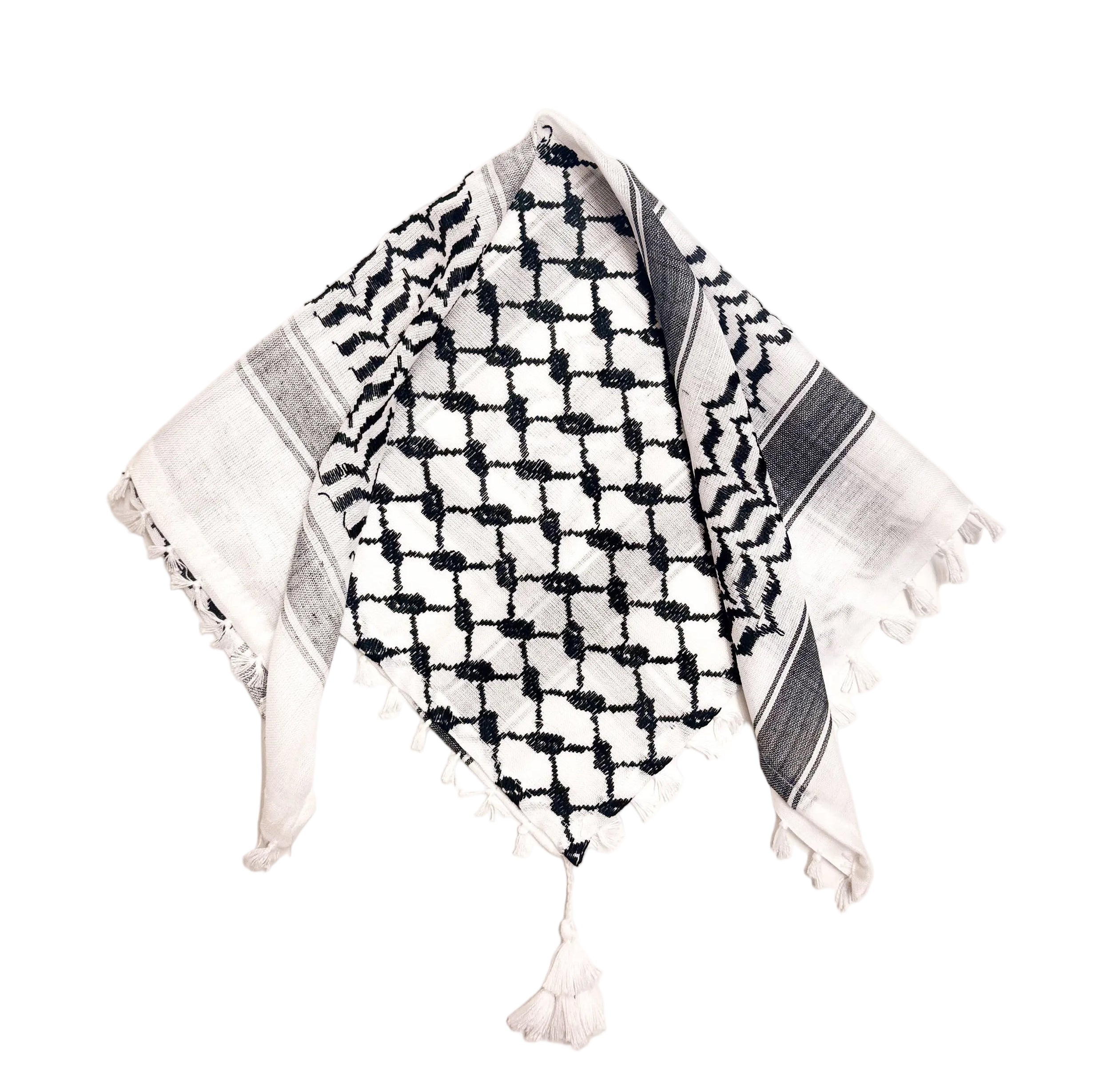 Svart og hvit kufiyeh-bandana i liten størrelse med tradisjonelt palestinsk mønster, dekorativt tilbehør inspirert av klassisk kufiyeh-design