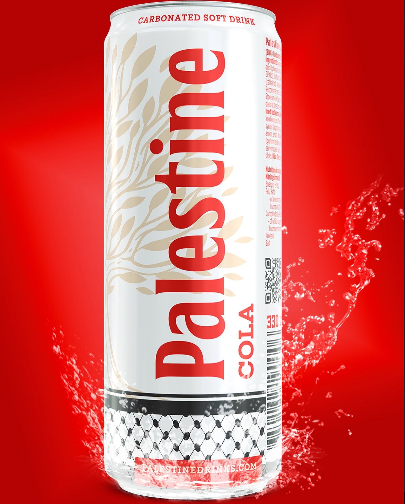 Palestine Cola i boks mot rød bakgrunn med vannsprut som stiger fra bunnen, kullsyreholdig brus med kraftfull og dynamisk presentasjon