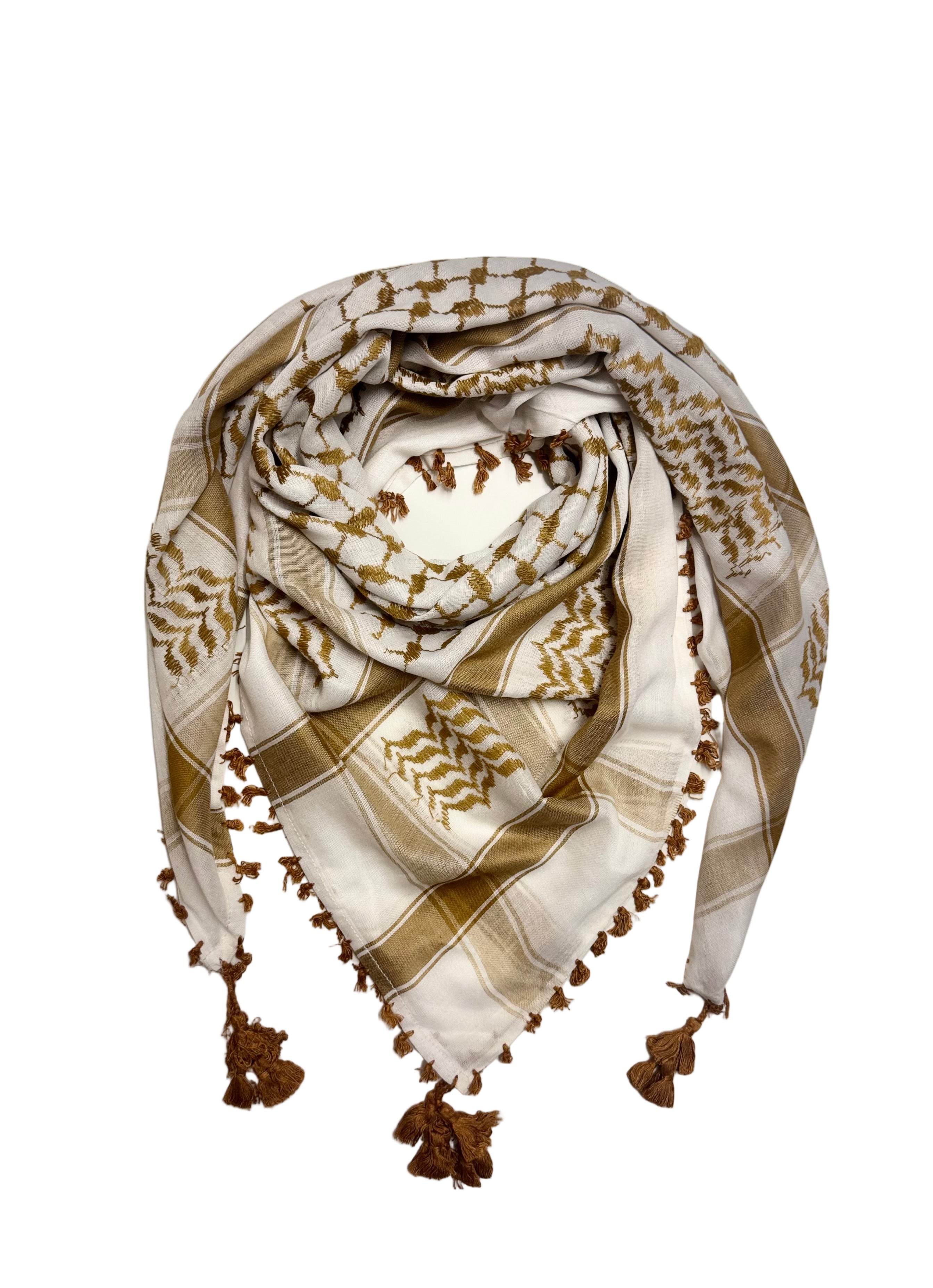 Palestinsk kufiyeh i gule og brune jordtoner med tassler