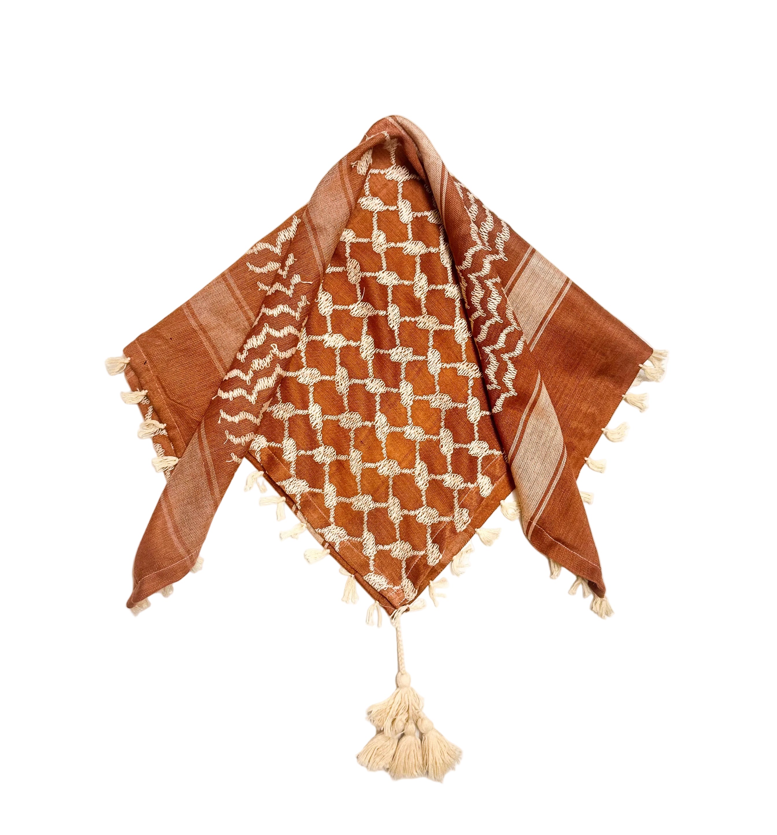 Jordbrun og beige kufiyeh-bandana med tradisjonelt palestinsk mønster, dekorativt tilbehør inspirert av klassisk kufiyeh-design