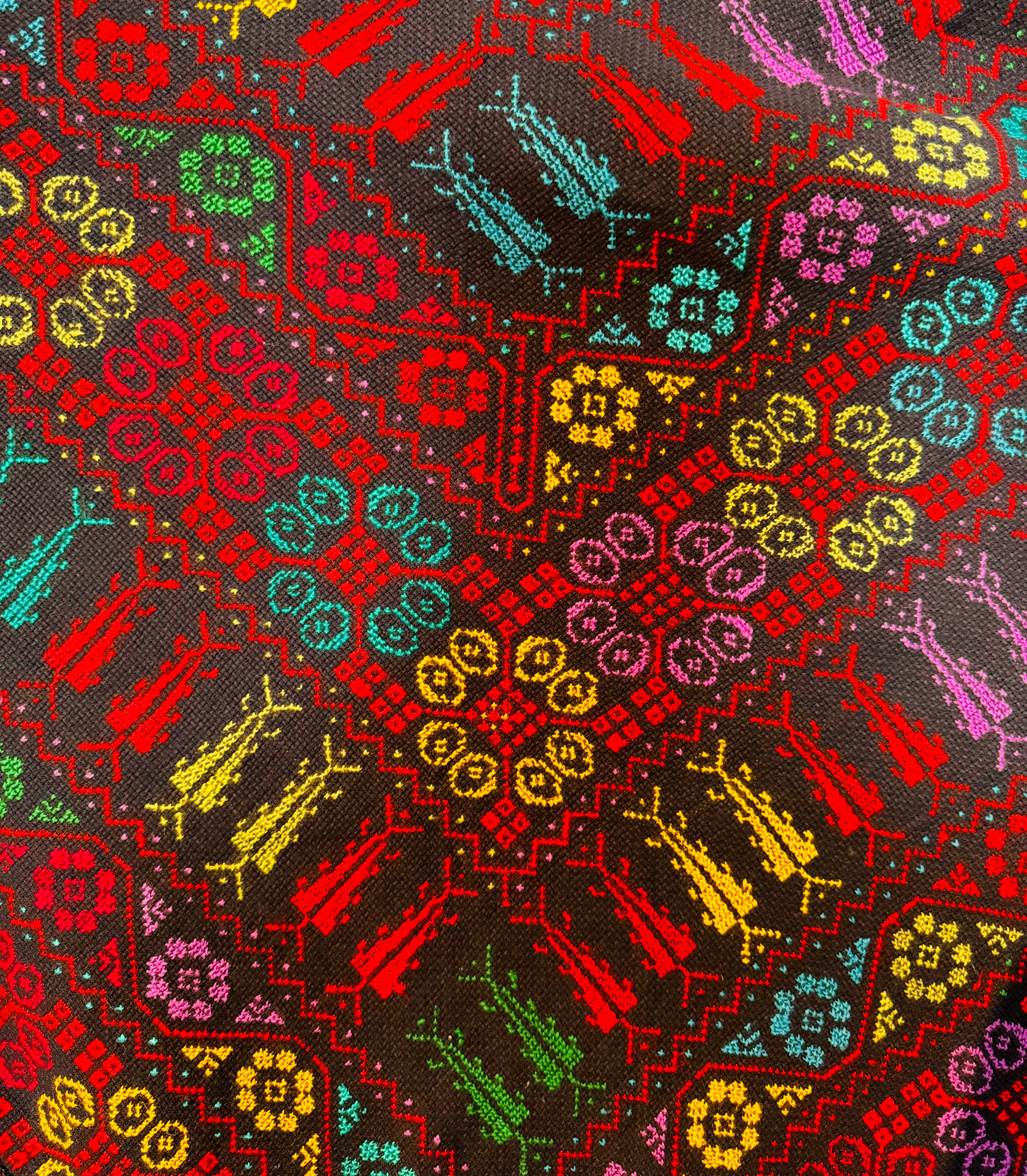 Nærbilde av palestinsk tatreez-broderi med symmetriske geometriske mønstre, detaljert håndverk vist i vevd tekstil