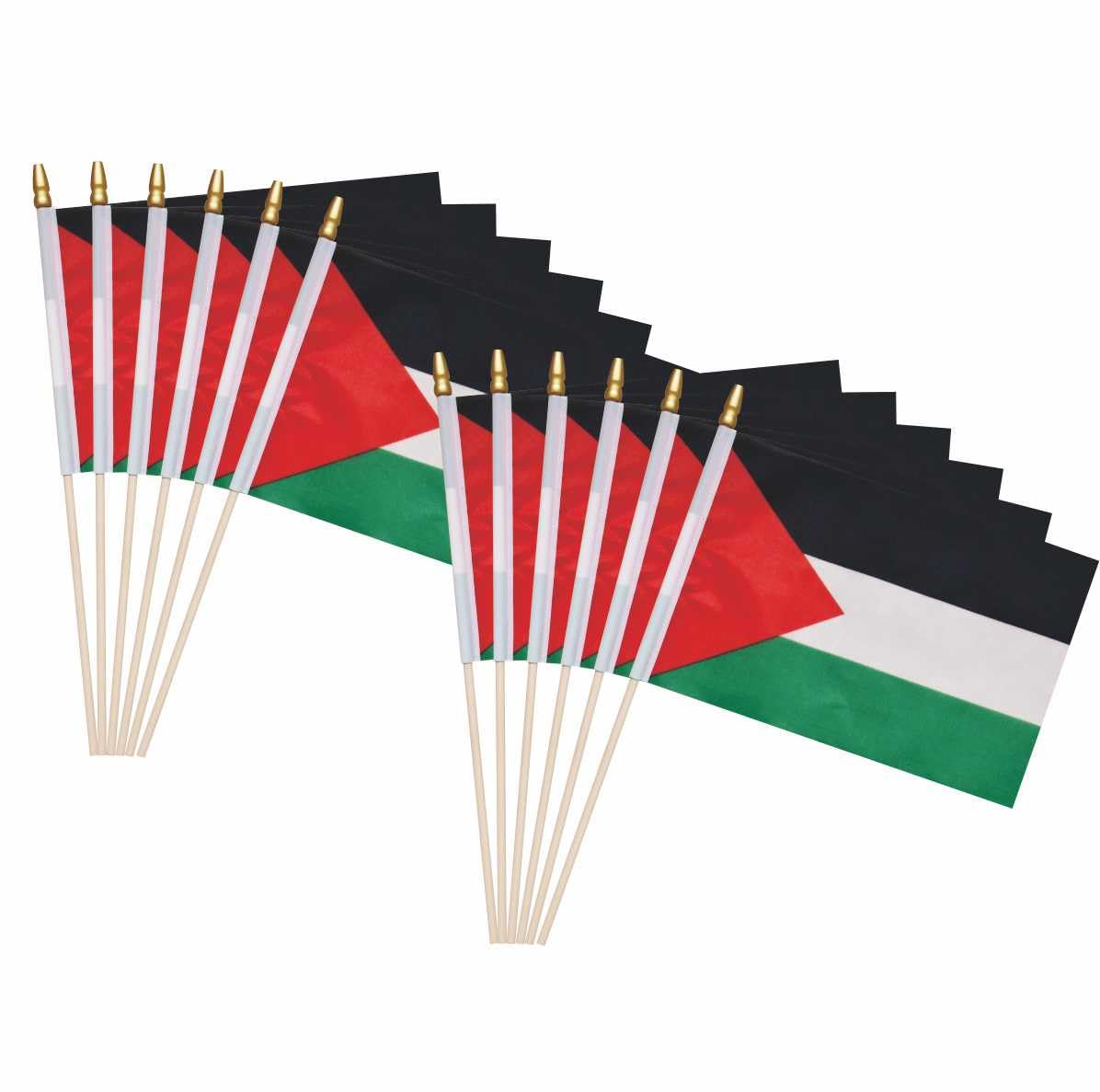 Flere palestinske håndflagg i rødt, grønt, svart og hvitt med trepinner