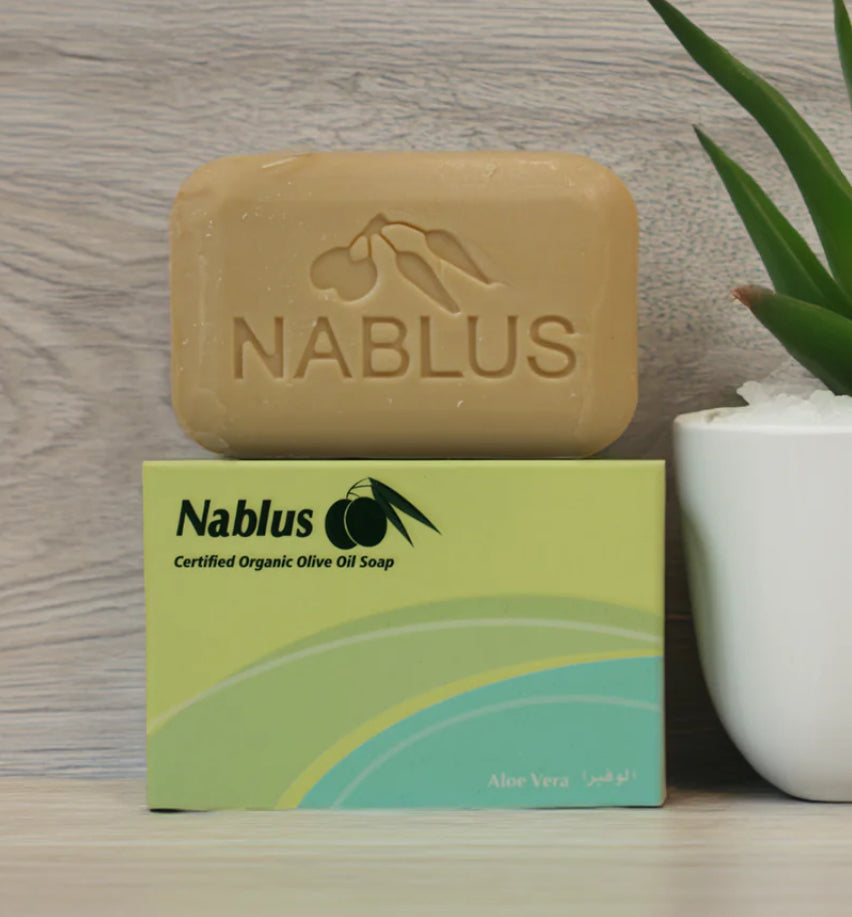 Nablus olivenoljesåpe med aloe vera plassert på grønn og blå eske, ved siden av en liten grønn plante på treoverflate.