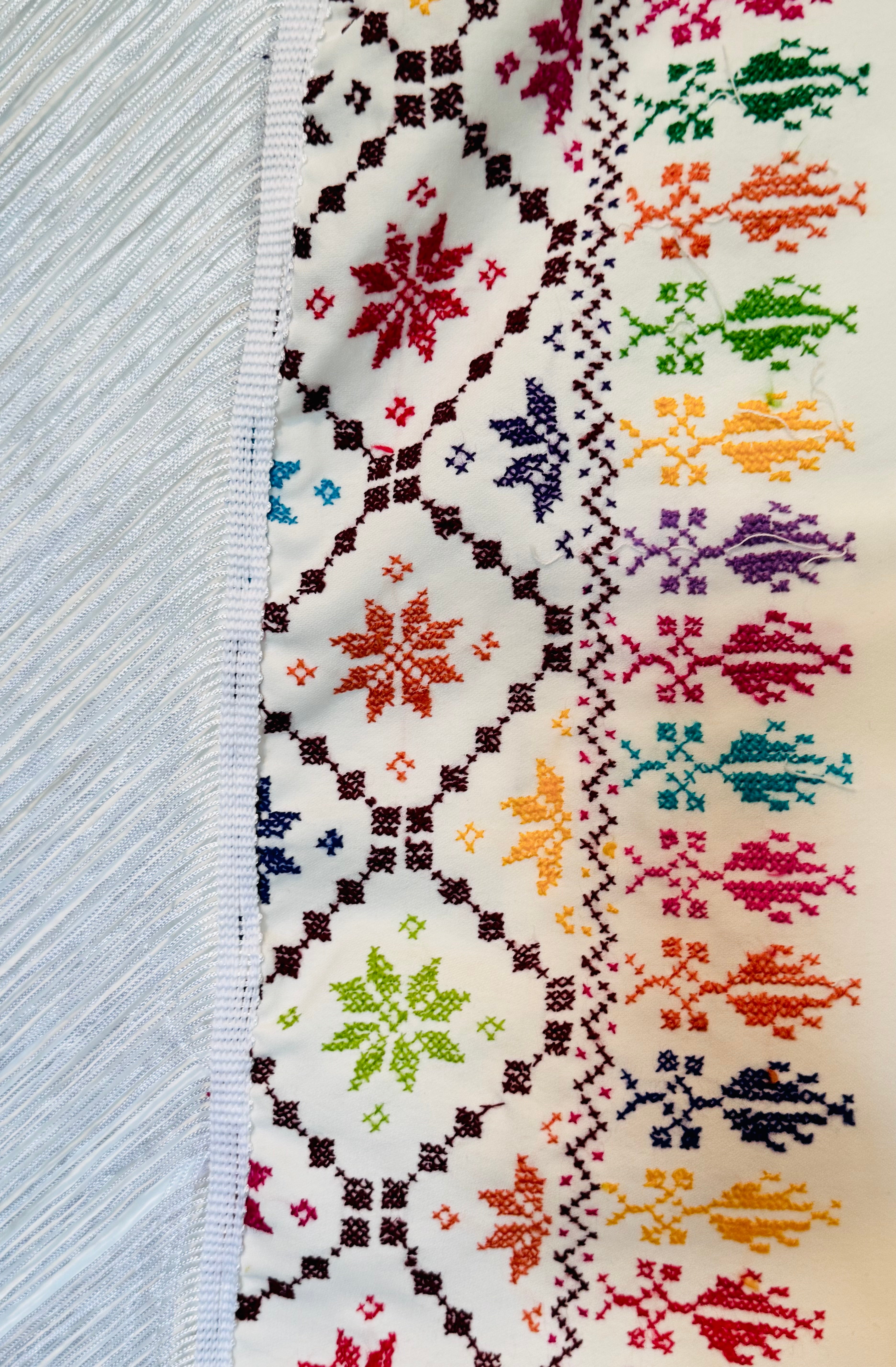 Detaljert nærbilde av hvitt tatreez-skjerf med broderte palestinske geometriske mønstre og synlige sting