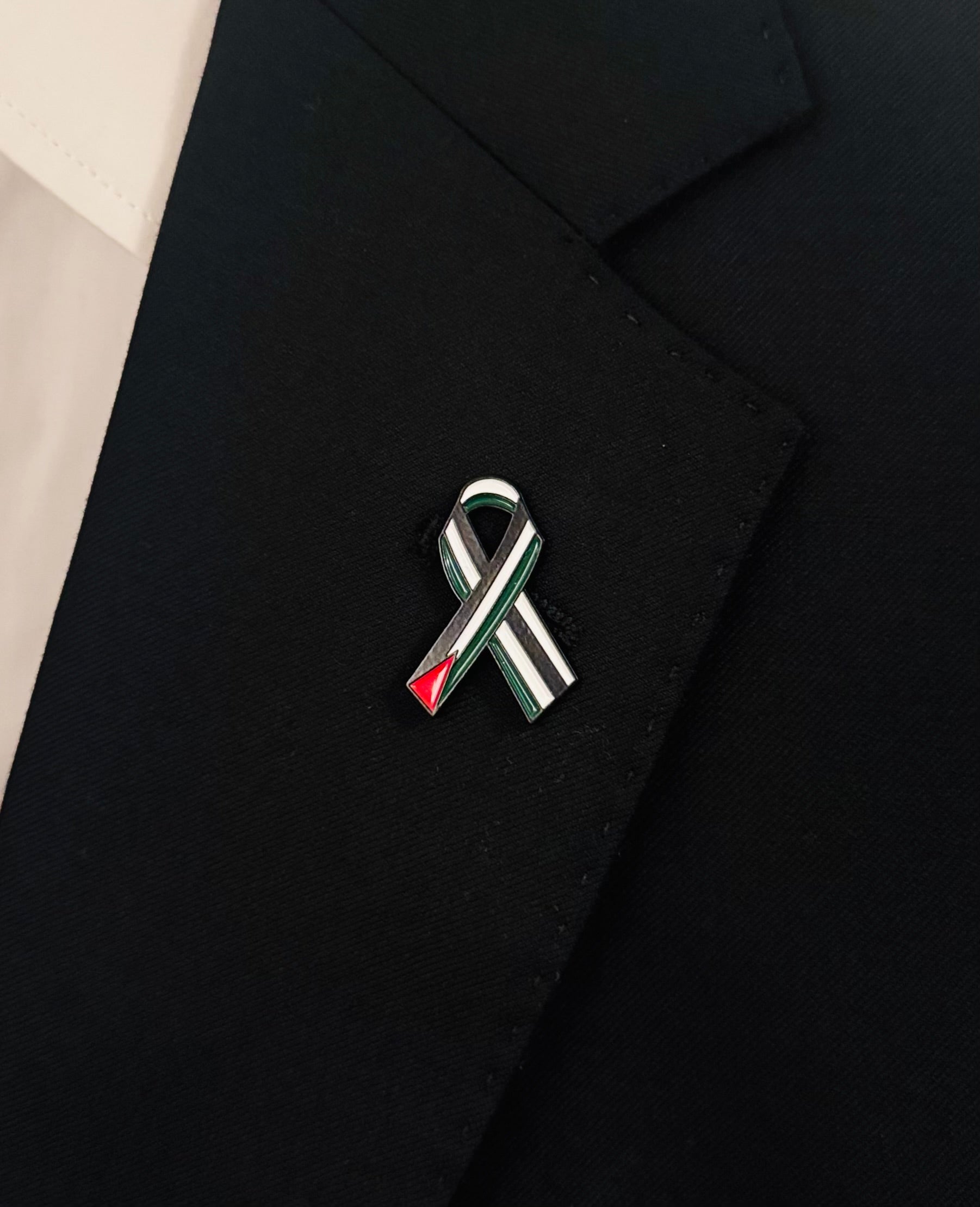 Pin i palestinske farger formet som et bånd festet på svart jakke