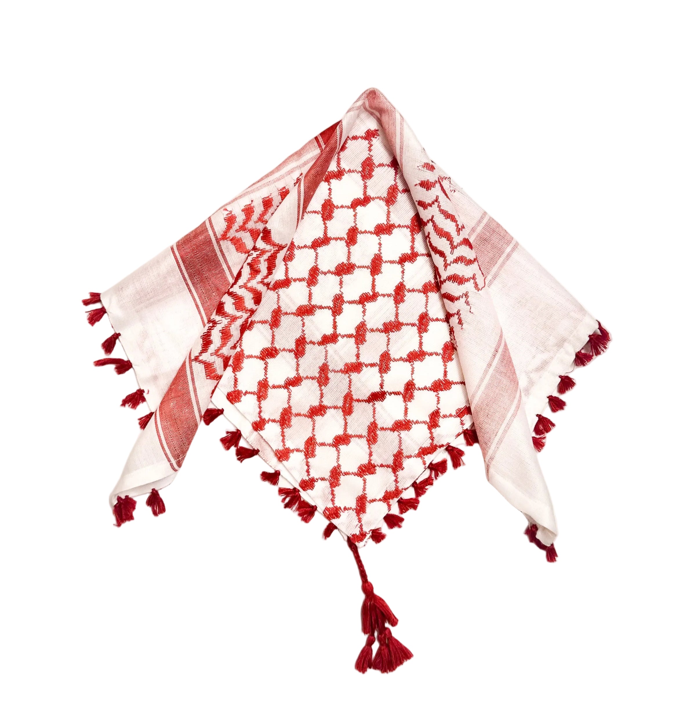 Hvit og rød kufiyeh-bandana med tradisjonelt palestinsk mønster, dekorativt tilbehør inspirert av klassisk kufiyeh-design