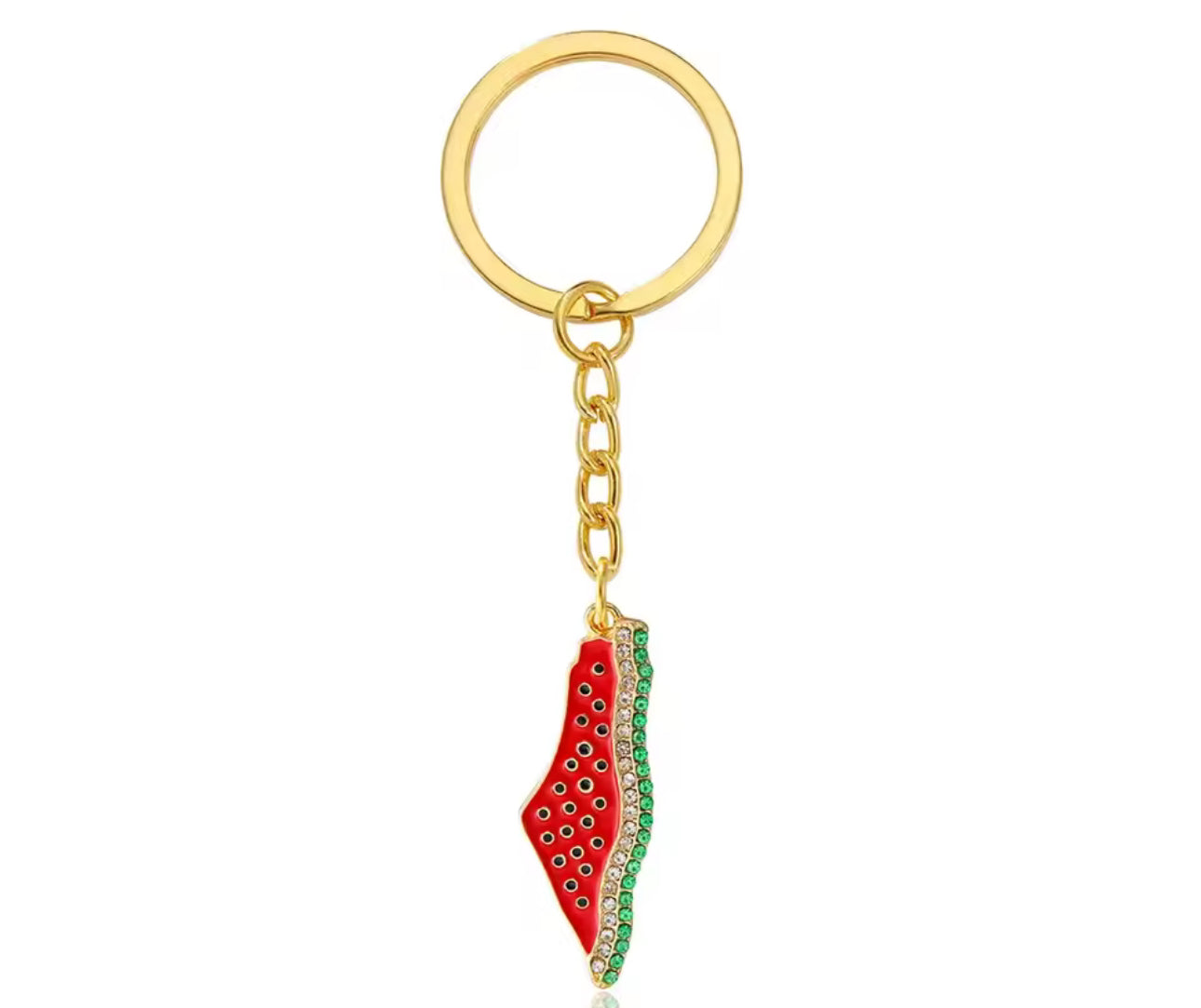 Nøkkelring formet som kartet av Palestina med røde og grønne detaljer, utført i gullfarget metall.