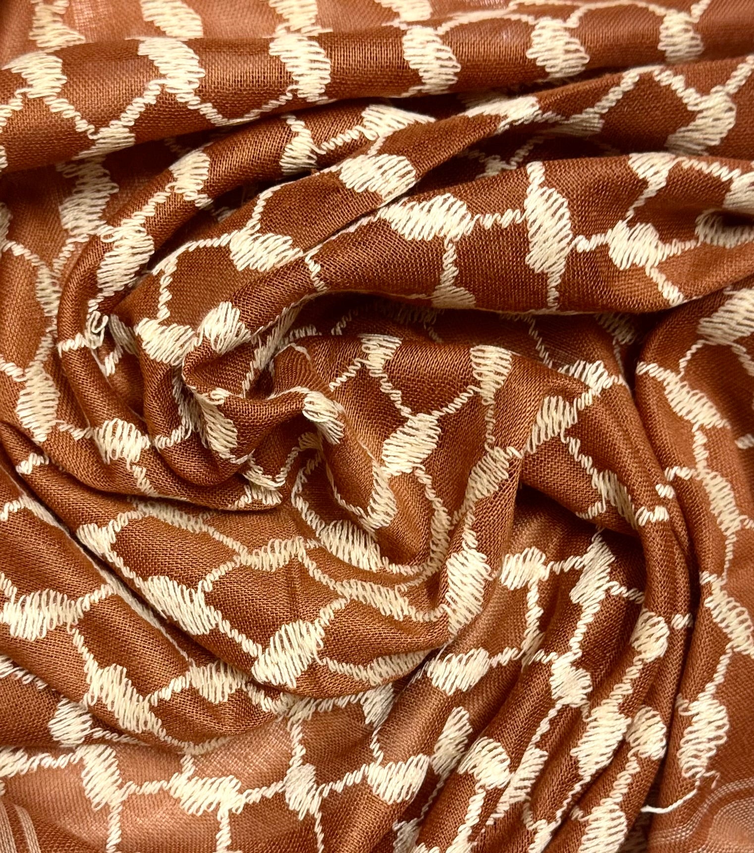 Nærbilde av kufiyeh-mønster i dype brune og beisje toner