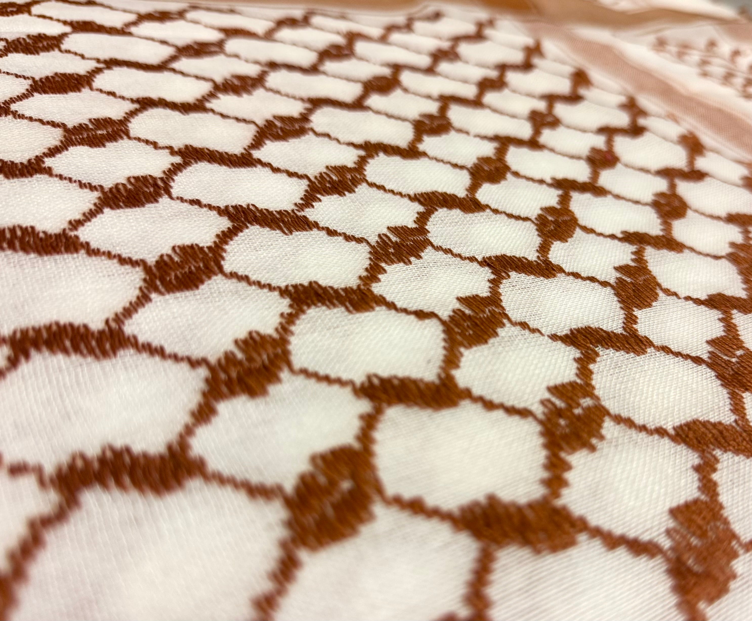 Detaljbilde av kufiyeh-mønster i lyse brune nyanser