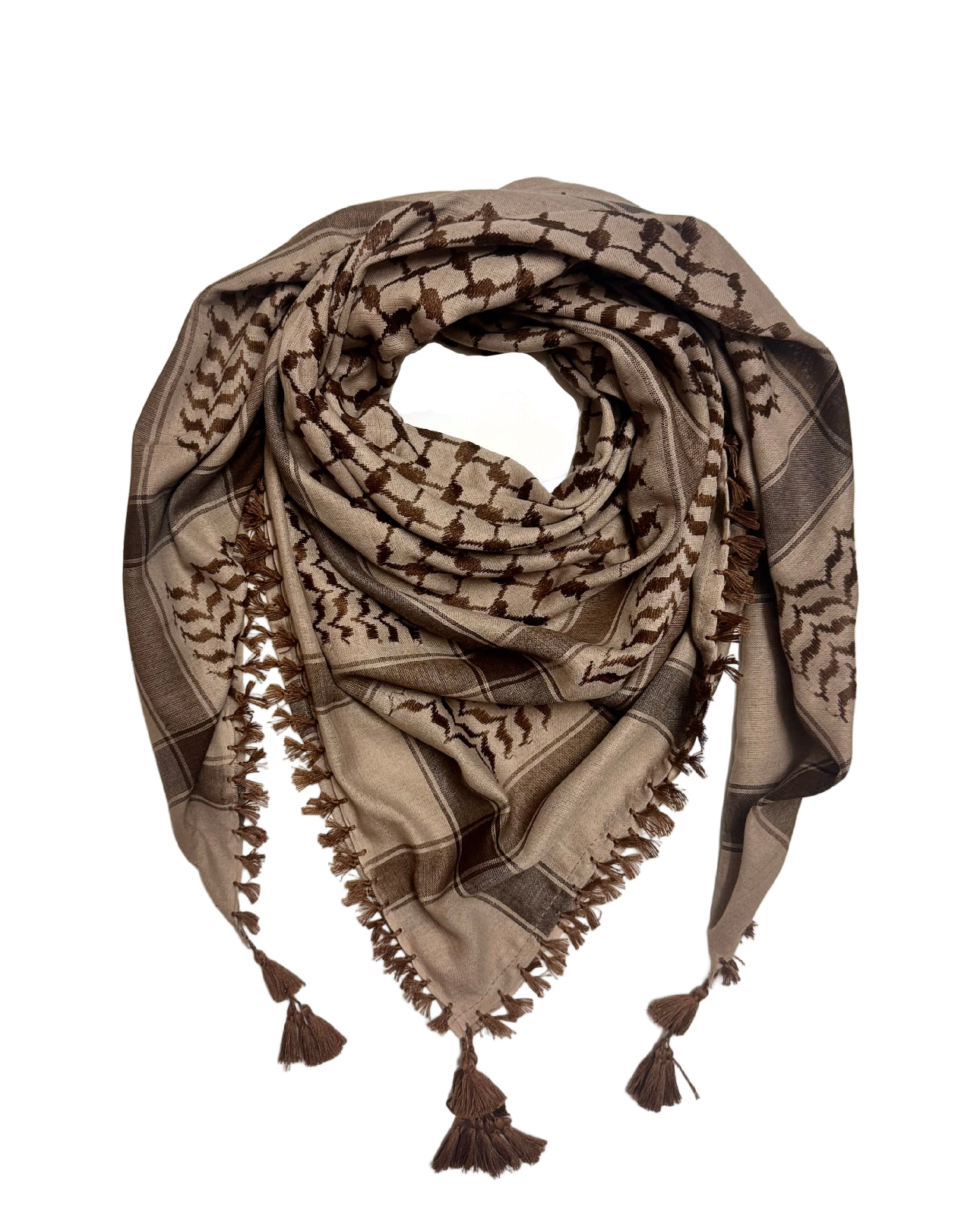 Palestinsk kufiyeh i mørke brune kaffetoner med tassler