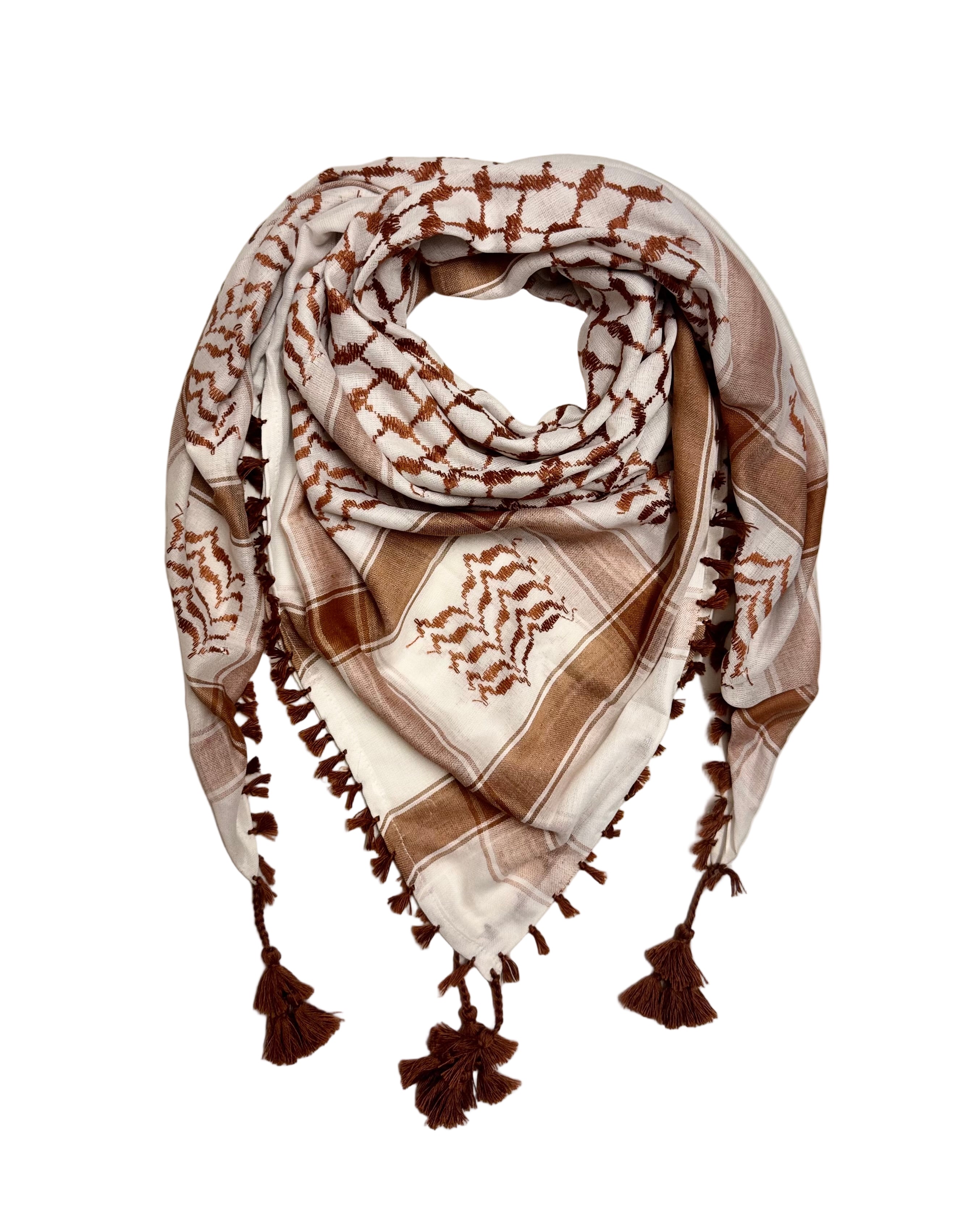 Palestinsk kufiyeh i lyse brune og hvite toner med tassler