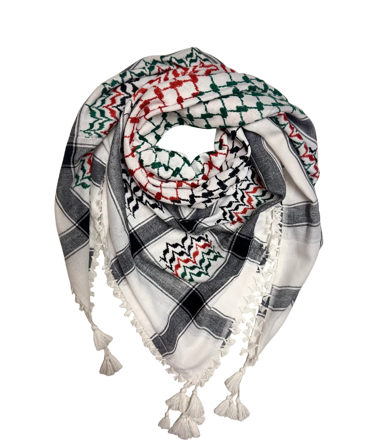 Palestinsk kufiyeh i palestinske flaggfarger med tassler