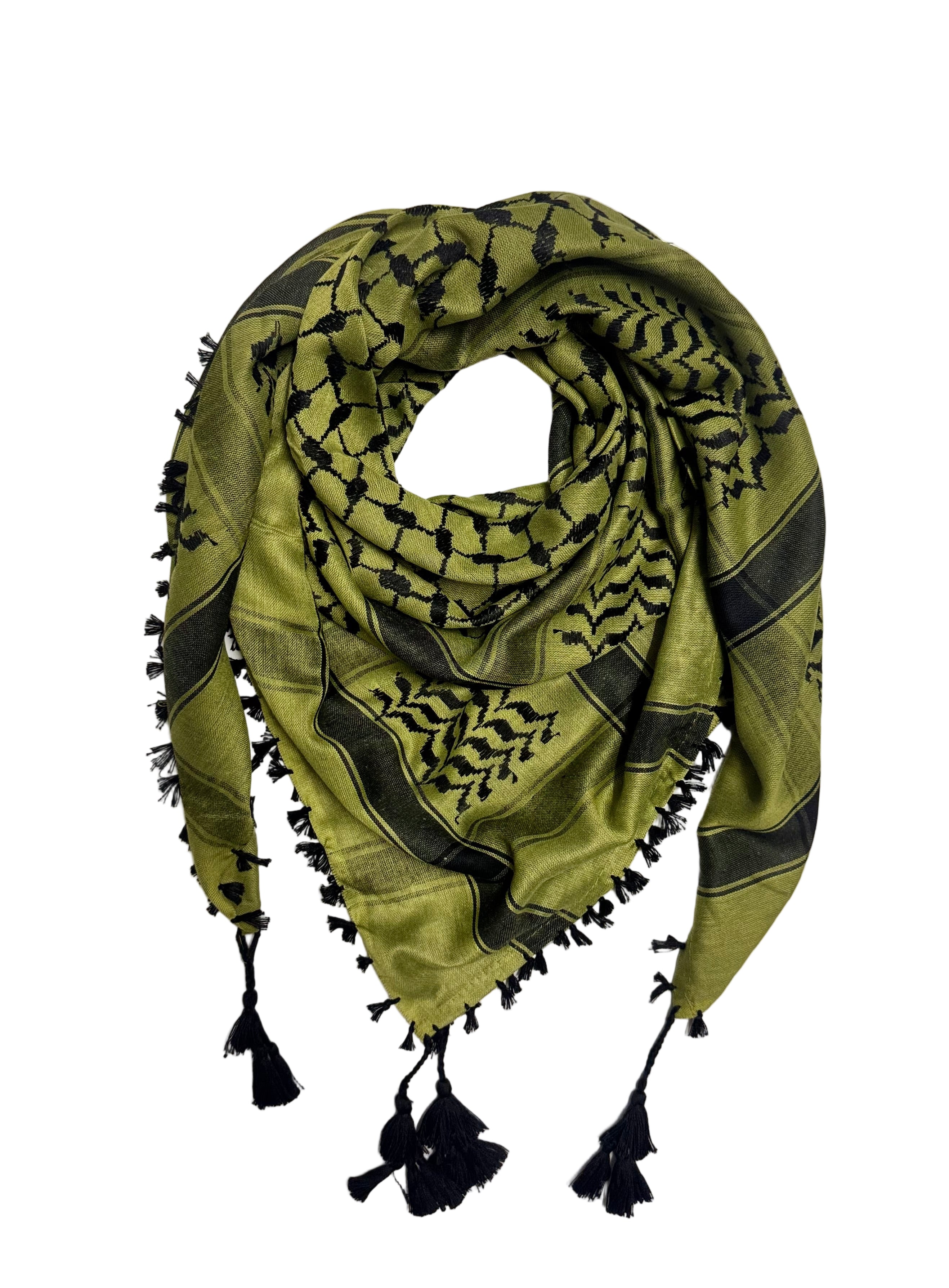 Palestinsk kufiyeh i olivengrønne og svarte toner med tassler