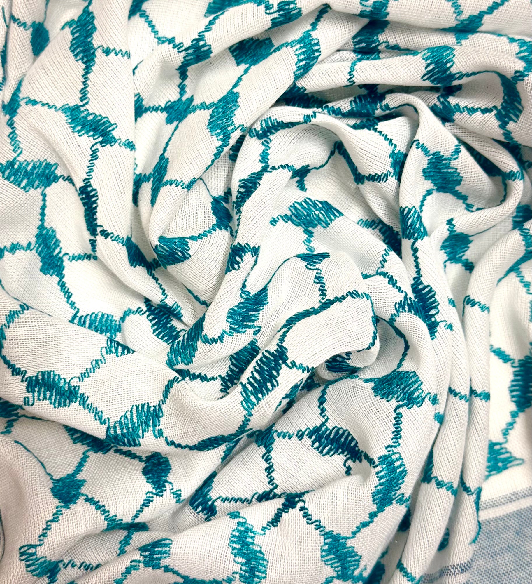 Nærbilde av kufiyeh-mønster i blå og hvite farger