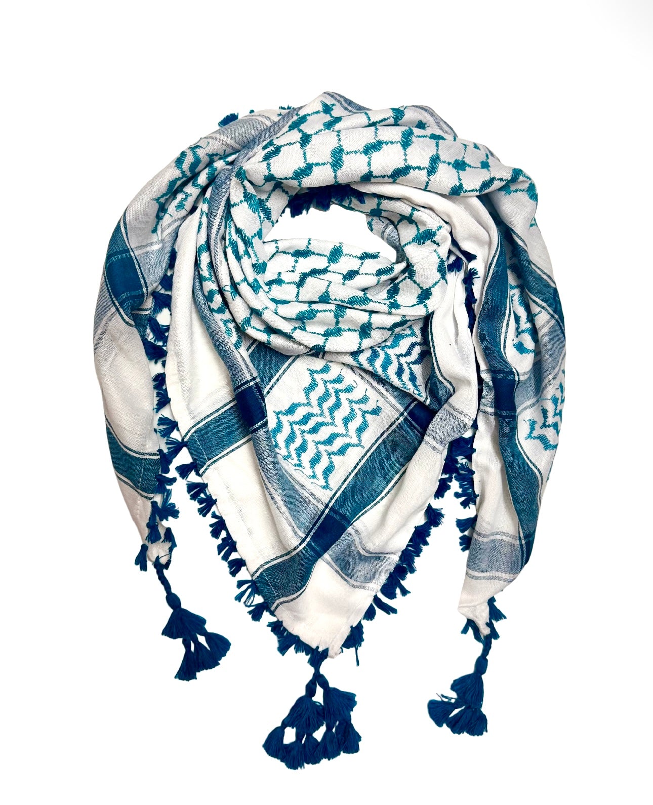 Palestinsk kufiyeh i blå og hvite toner med tassler