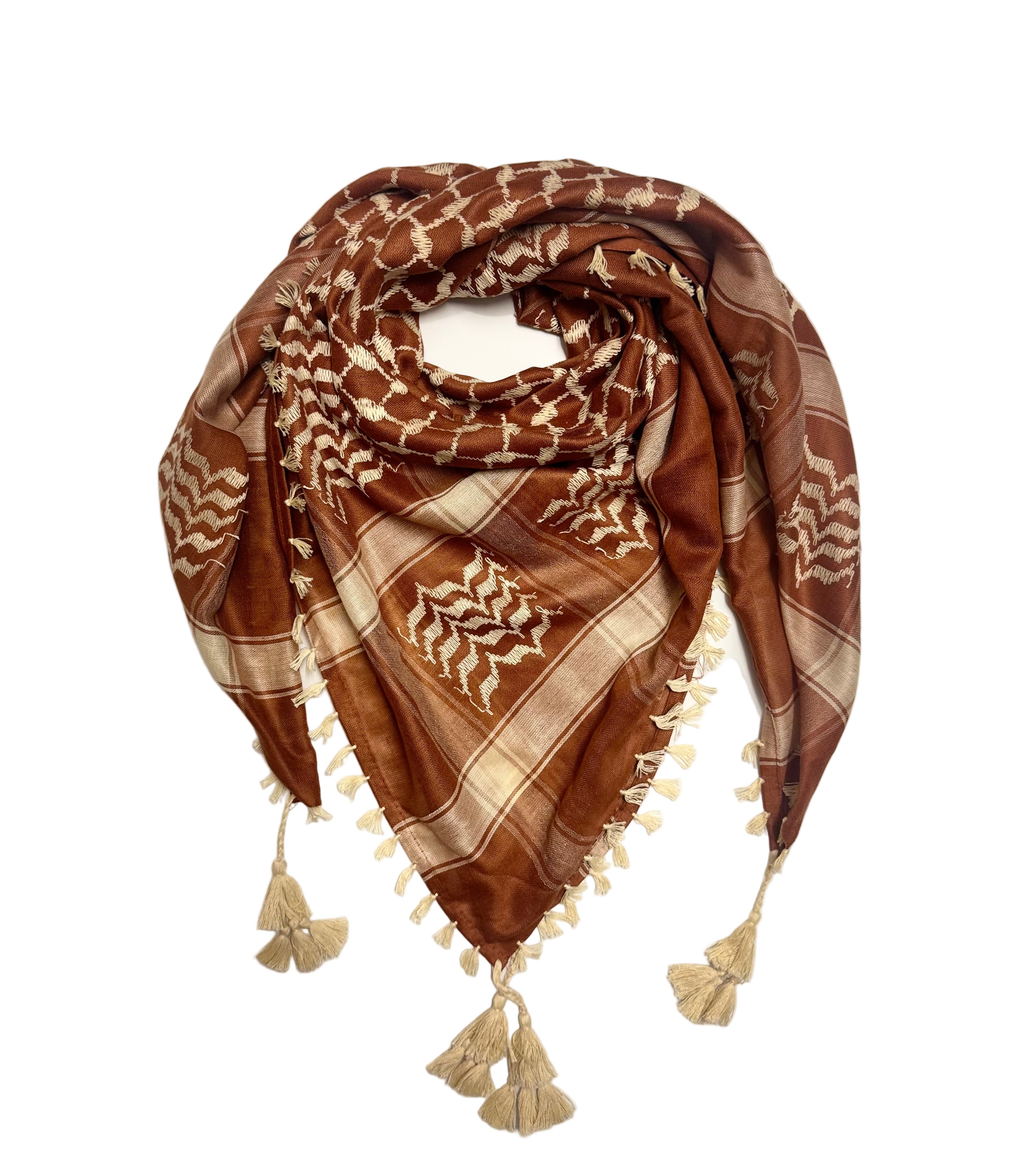 Palestinsk kufiyeh i dype brune og beisje toner med tassler