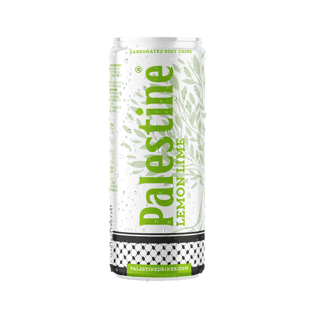 Palestine Lemon Lime kullsyreholdig brus i slank boks, med grønt og hvitt design og kufiyeh-mønster nederst.
