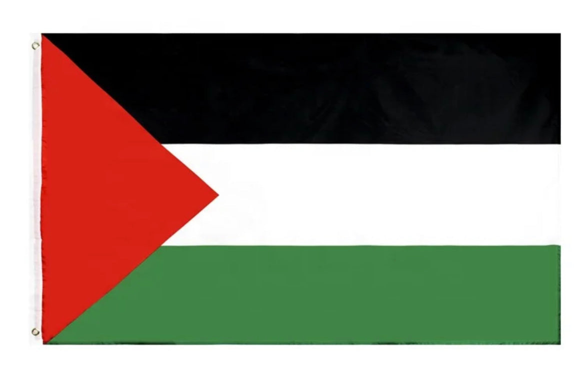 Palestina-flagget med horisontale striper i svart, hvitt og grønt, og en rød trekant på venstre side, vinkende mot lys bakgrunn.